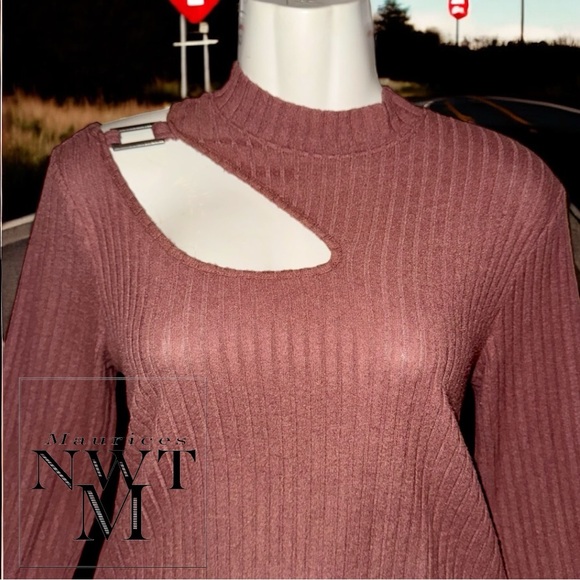 Maurices Sweater NWT Pink Brown Ribbed Mock Neck Shoulder Cut Out Long Sleeve M - Picture 9 of 16